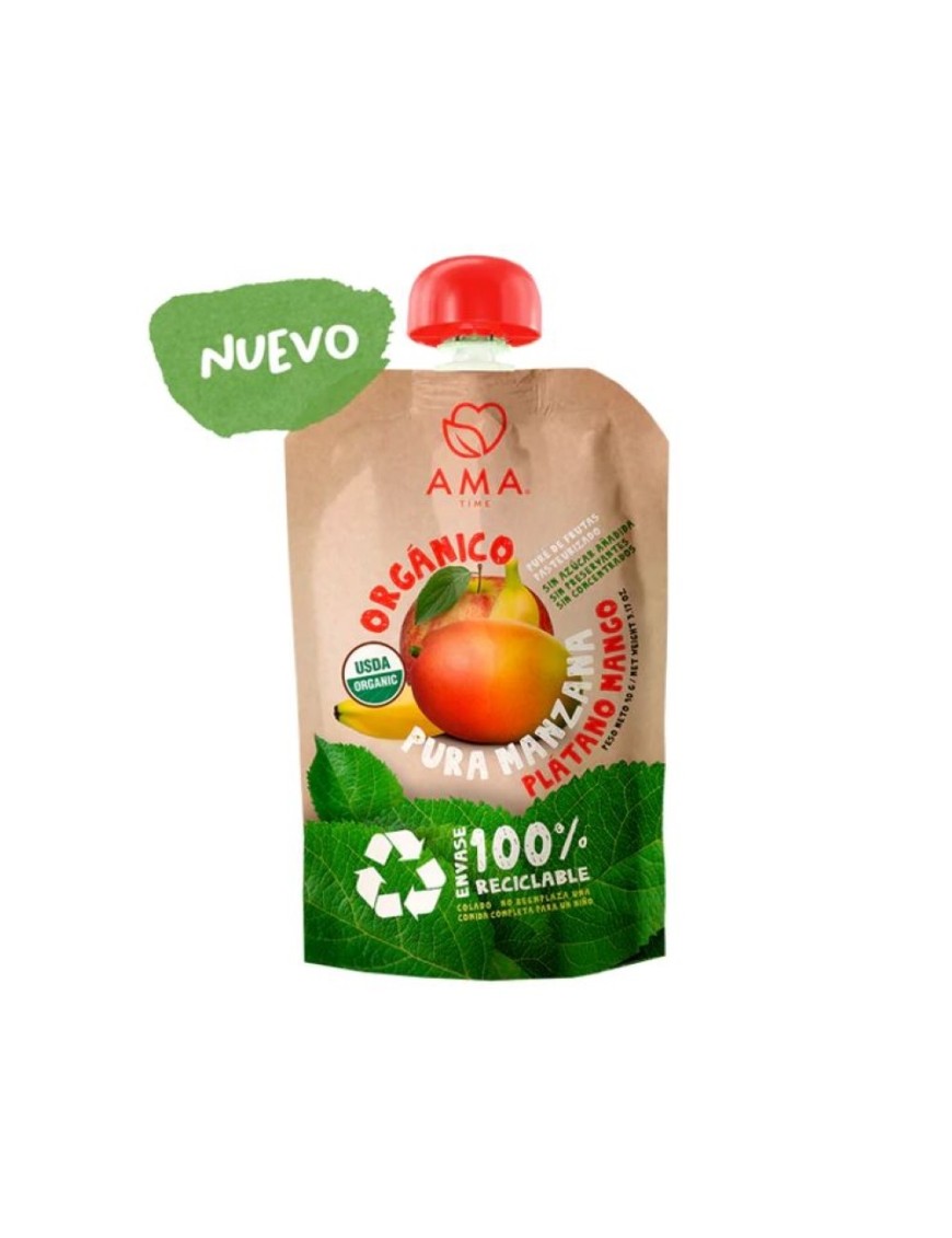 Manzana platano mango organico envase reciclable 90 gramos Marca Ama