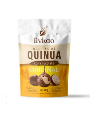 Bolitas quinua y maiz cubiertas de chocolate milk 40 gramos Marca Livkao