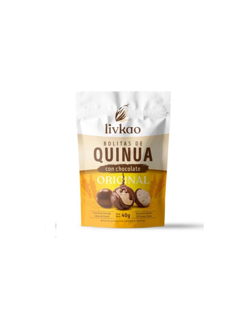 Bolitas quinua y maiz cubiertas de chocolate milk 40 gramos Marca Livkao