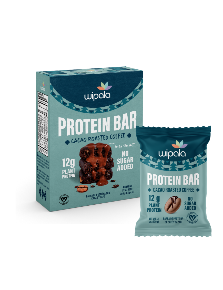 Barra de proteina con cacao y cafe multipack 4 unidades de 65 gramos Marca Wipala