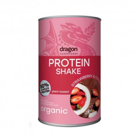 Proteina vegana organica en polvo de frutilla y coco 450 gramos Marca Dragon
